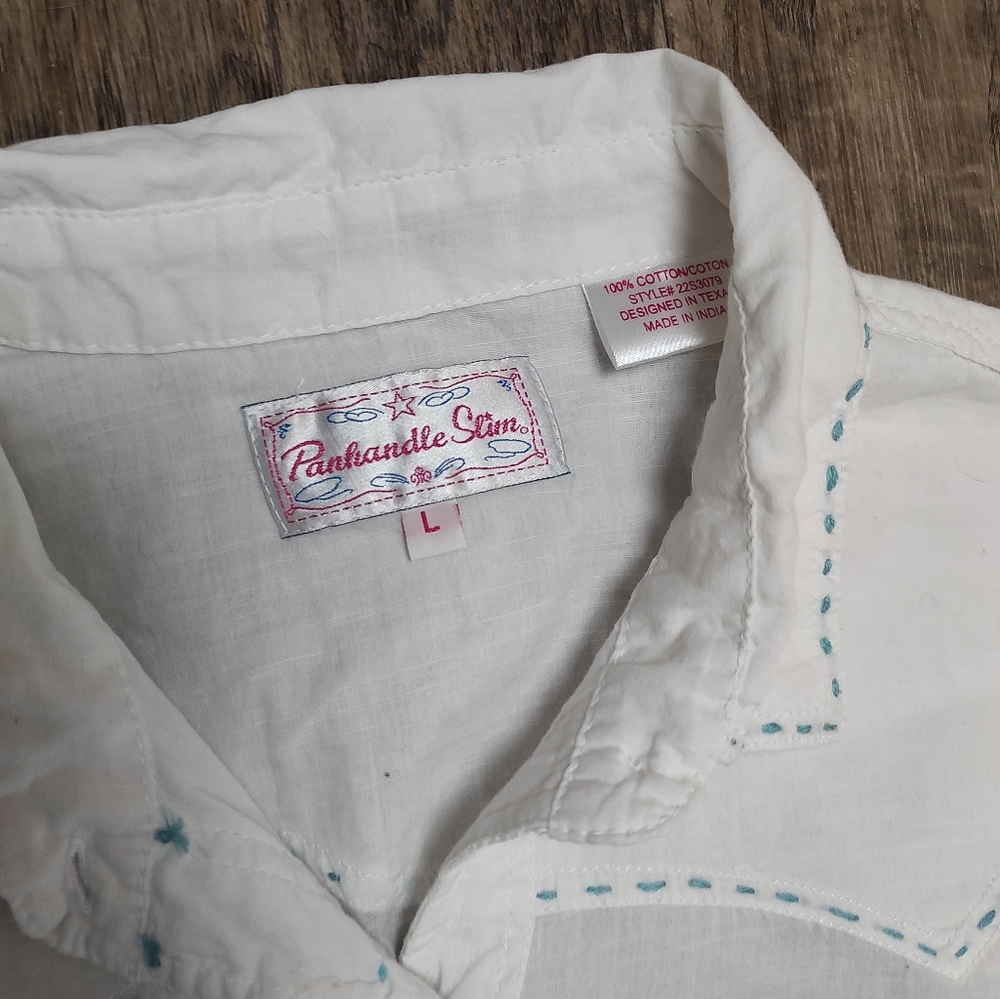 Panhandle Slim white with decorative stitches white pearl snap shirt Size L - Picture 9 of 16